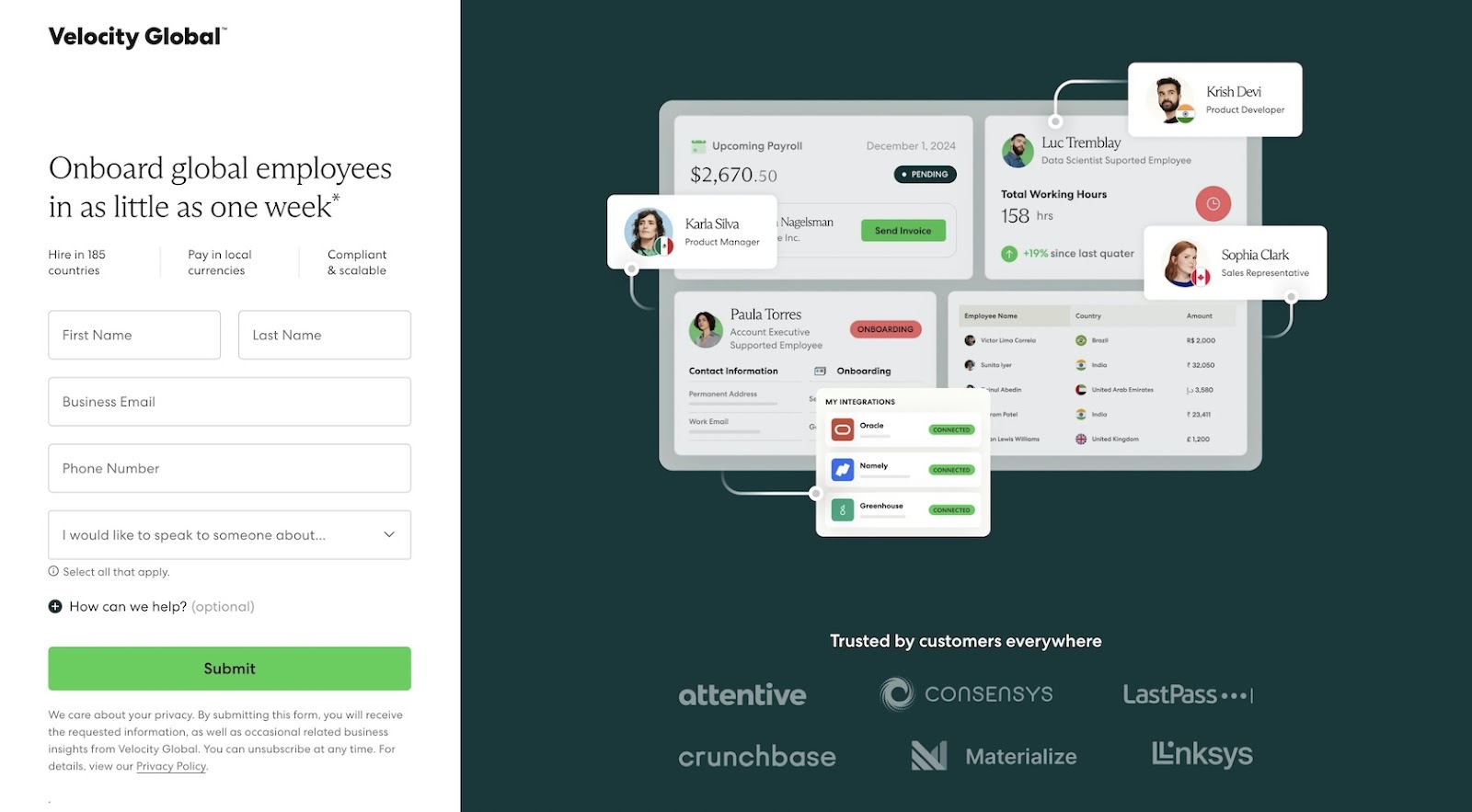 Velocity Global dashboard showing employee onboarding metrics and user interactions.