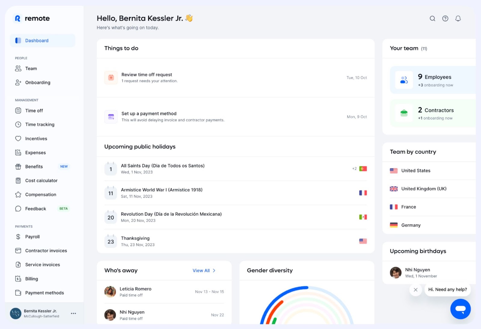 Remote dashboard showing team management features and upcoming holidays.