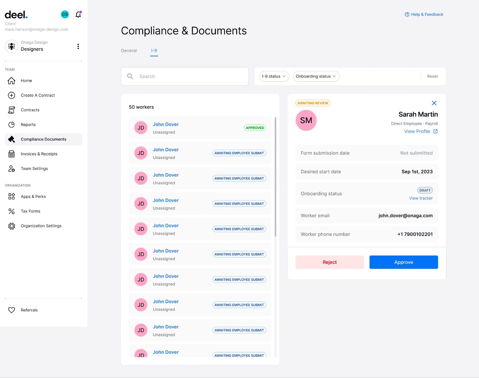 Deel onboarding document interface showing worker status and compliance information.