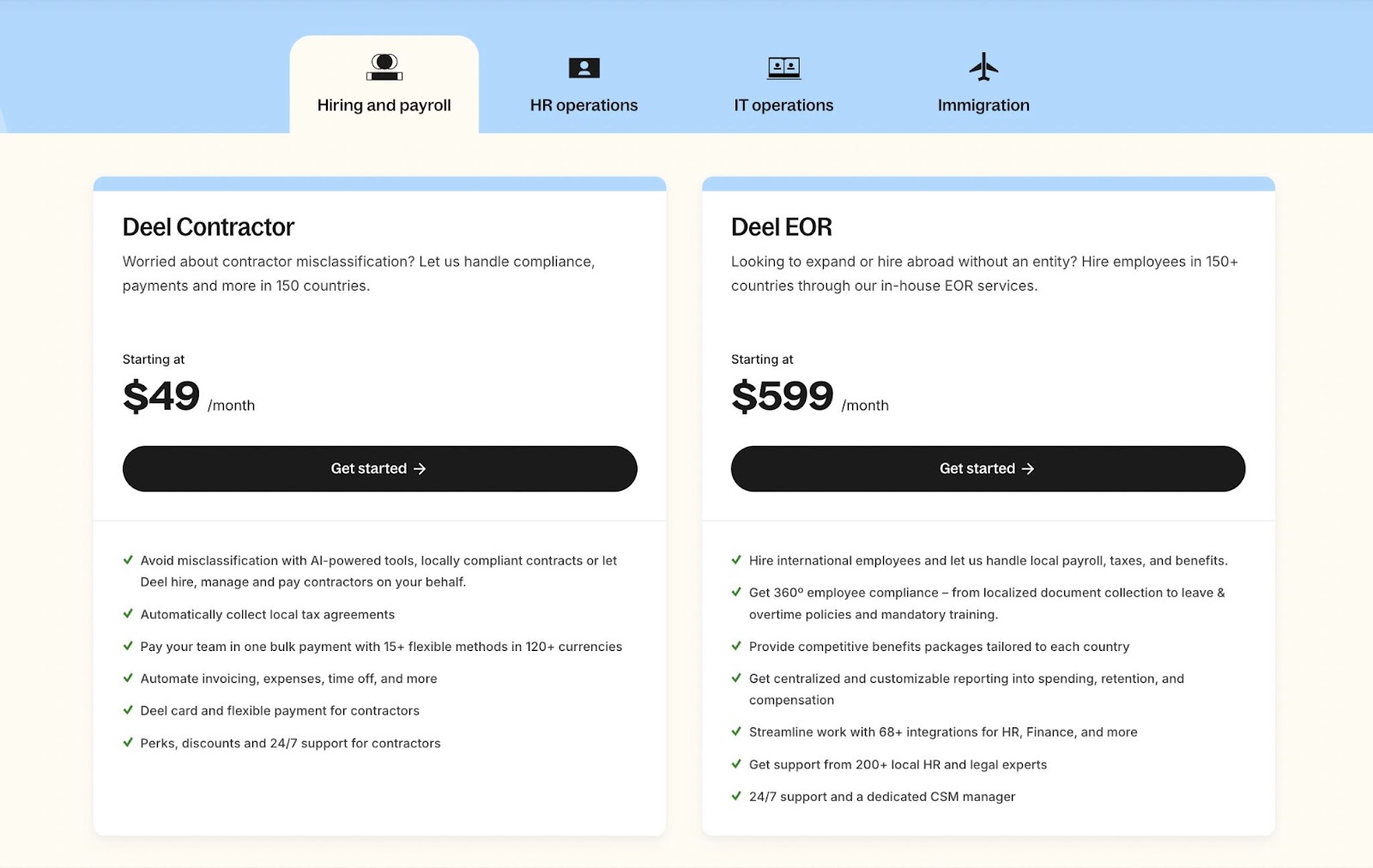 Deel pricing plans for contractor and EOR services.