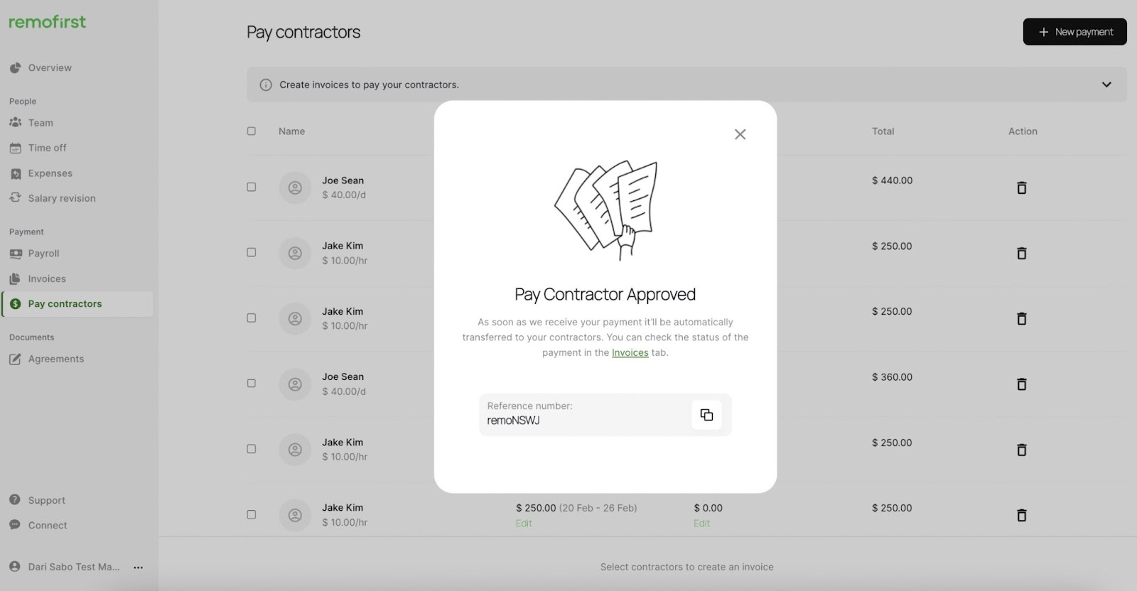 RemoFirst payment approval notification for contractors.
