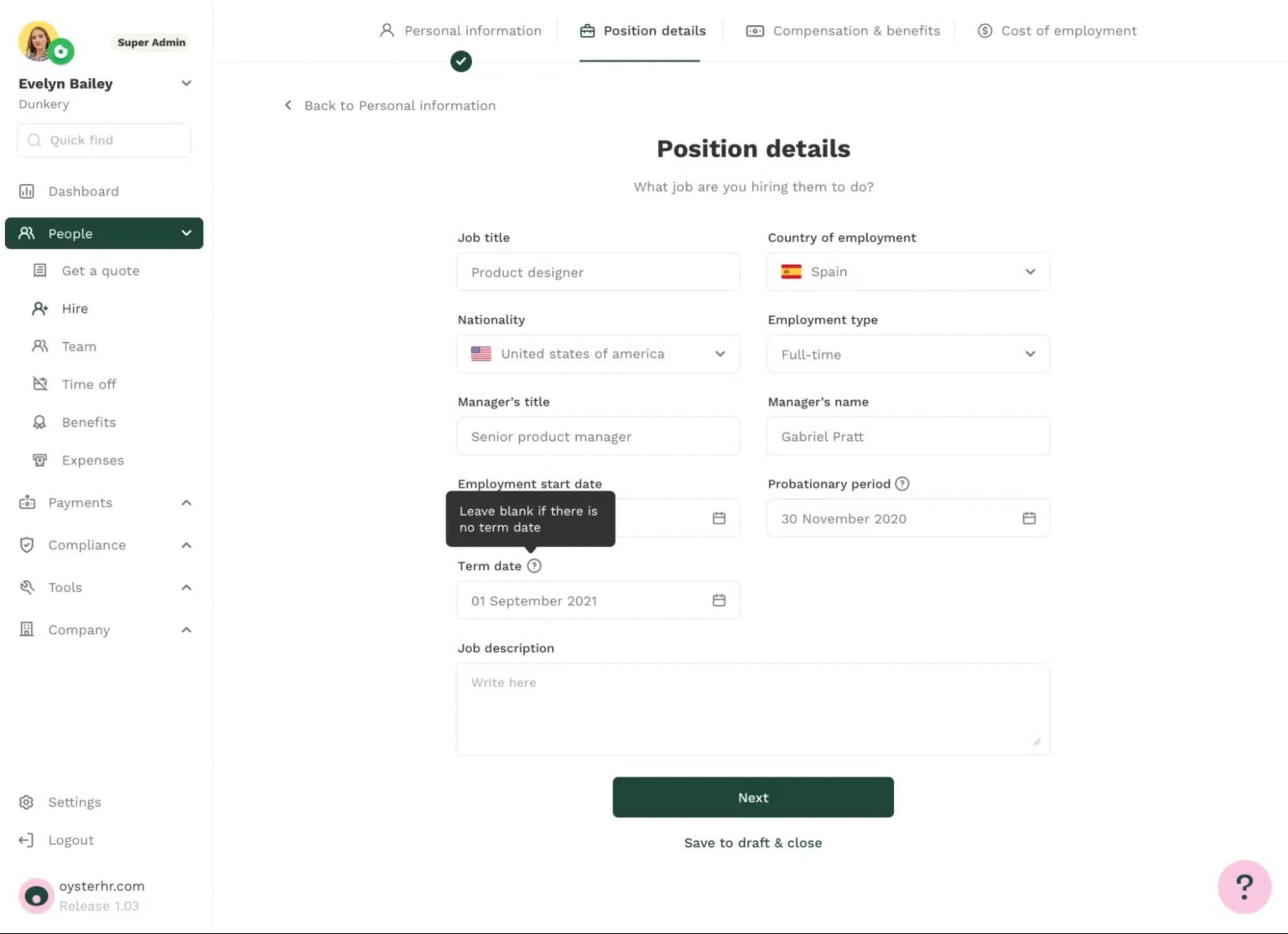 Oyster HR position details form showing employment information fields.