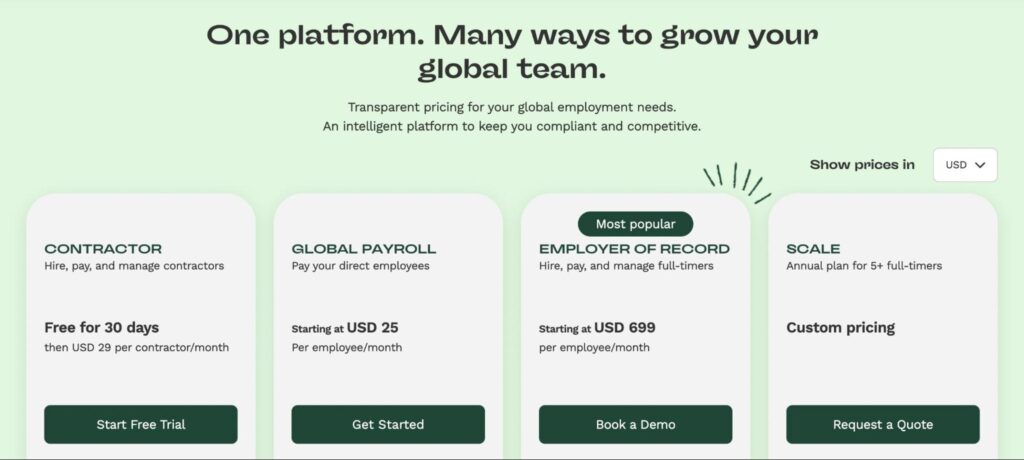 Oyster HR pricing options for contractors, global payroll, and employer of record.