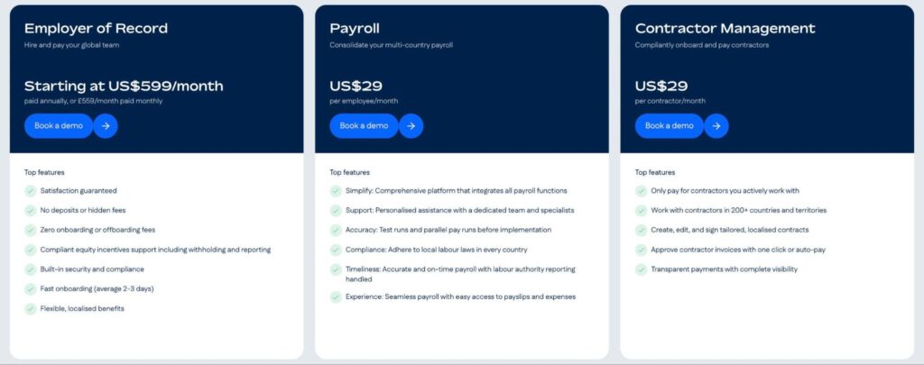 Remote features comparison table for Employer of Record, Payroll, and Contractor Management services.