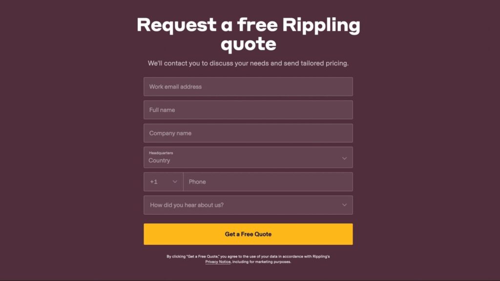 Rippling quote request form with fields for user information.
