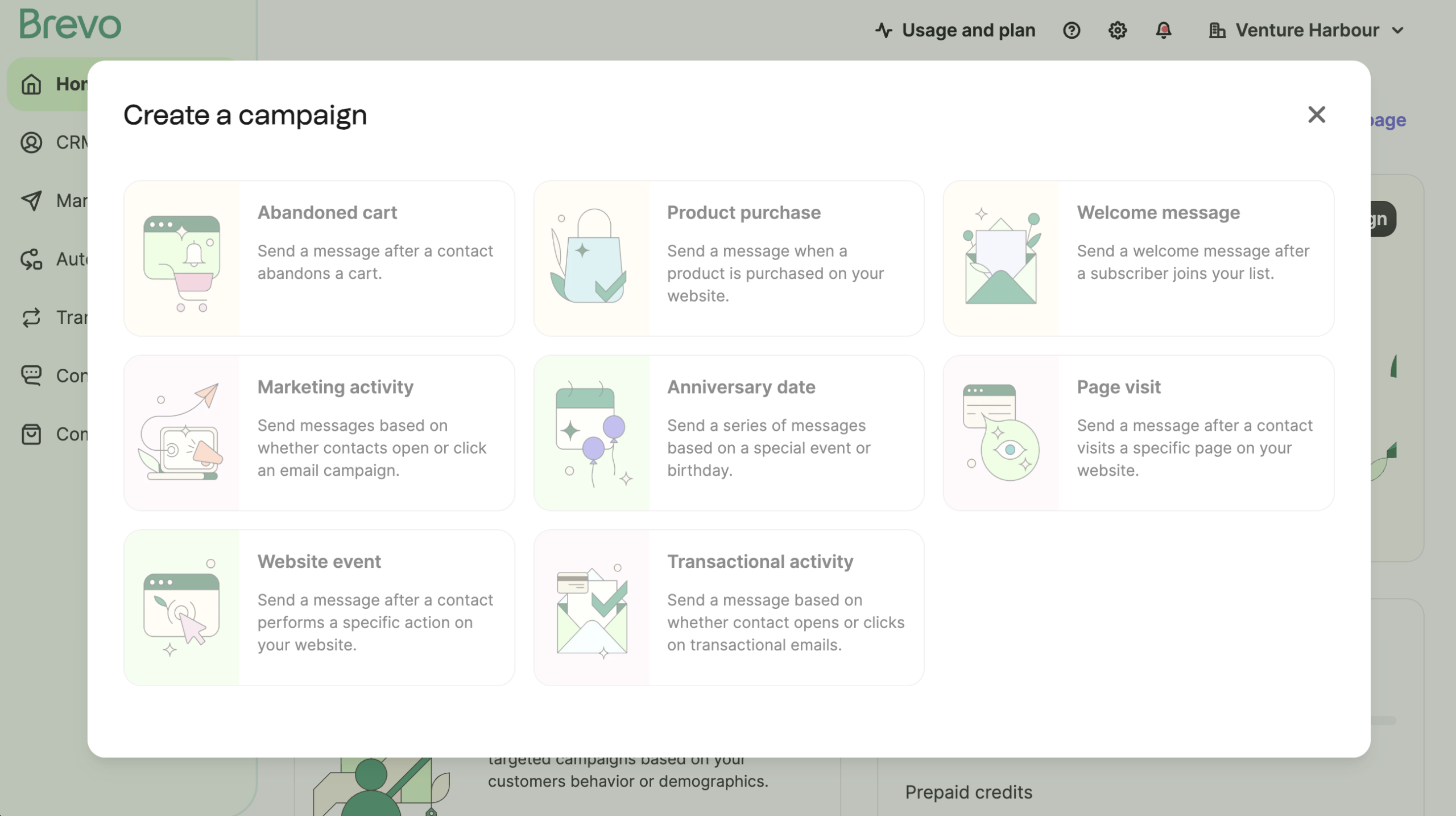 Brevo campaign creation interface showing various automation triggers.
