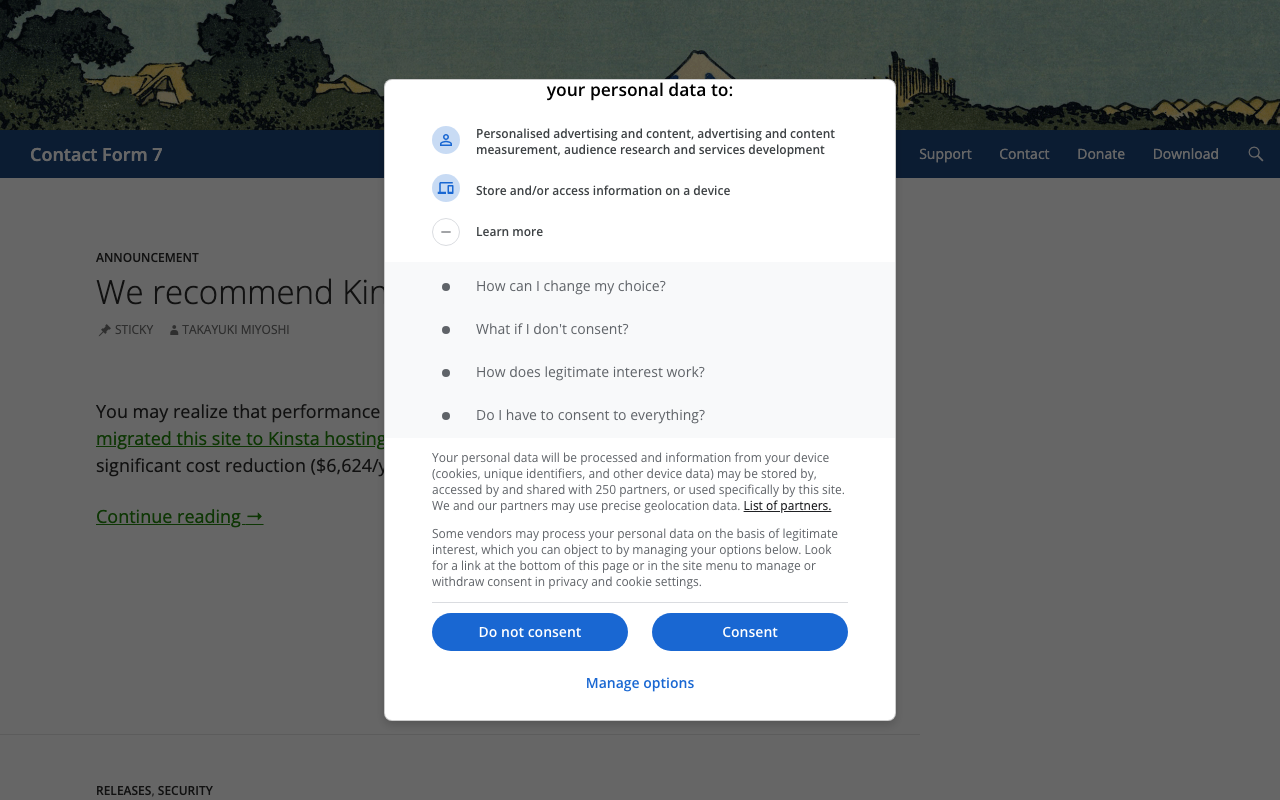 Contact Form 7 settings page showing user consent options.