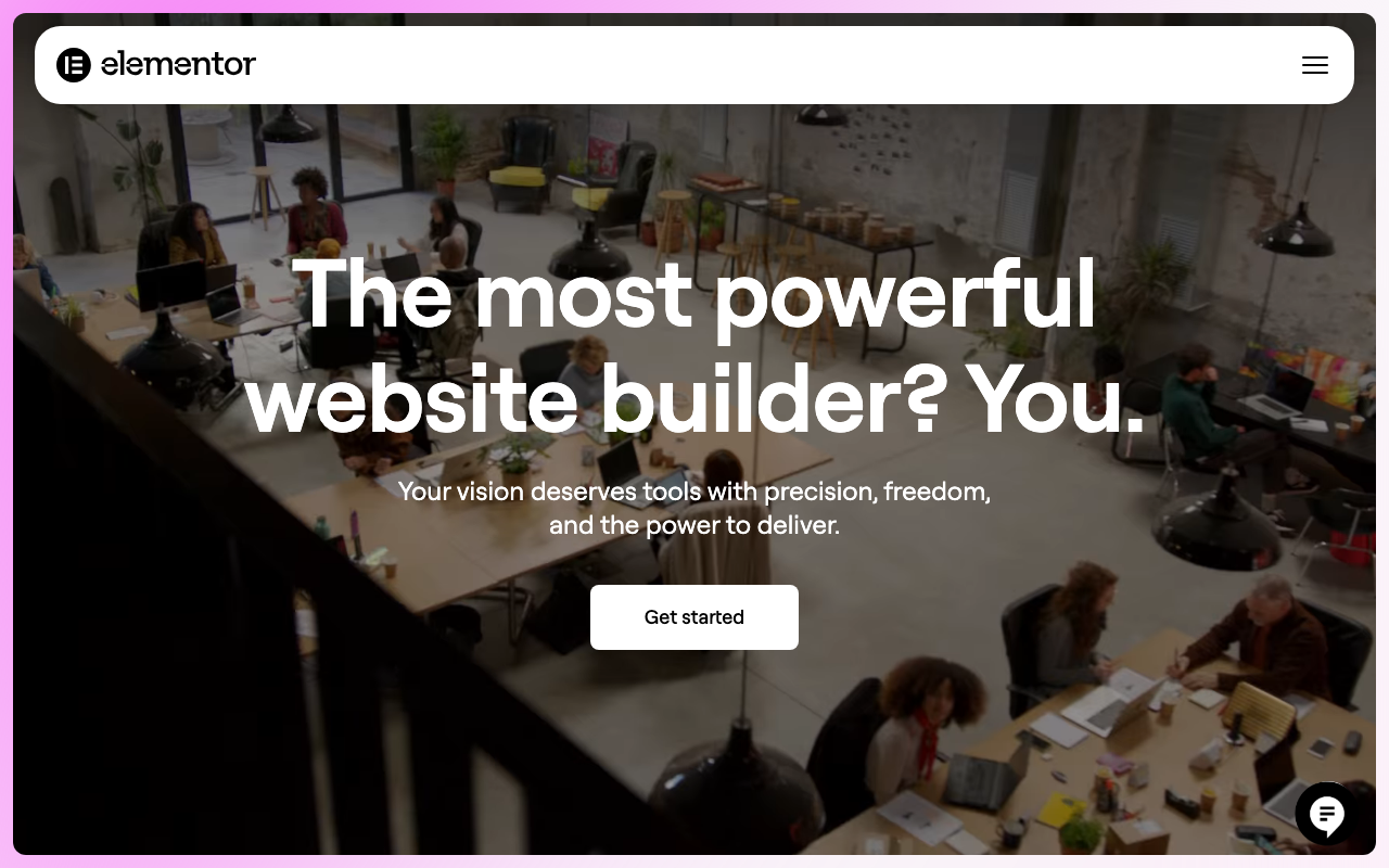 Elementor homepage showcasing the website builder interface and workspace.