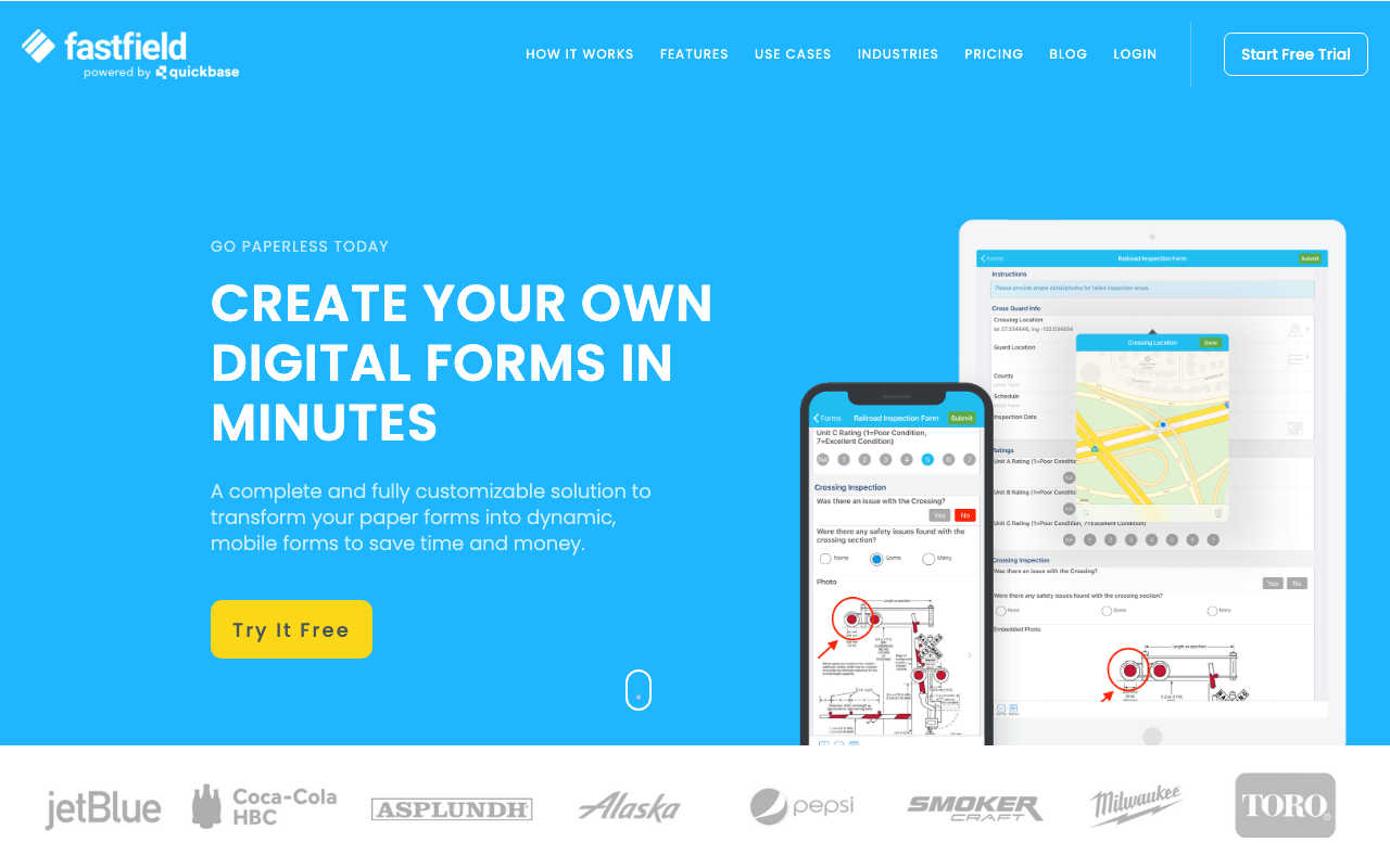 FastField homepage showcasing customizable digital form creation features.