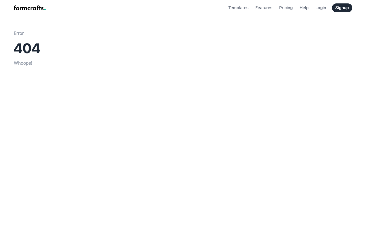 FormCrafts 404 error page showing a "Whoops!" message.