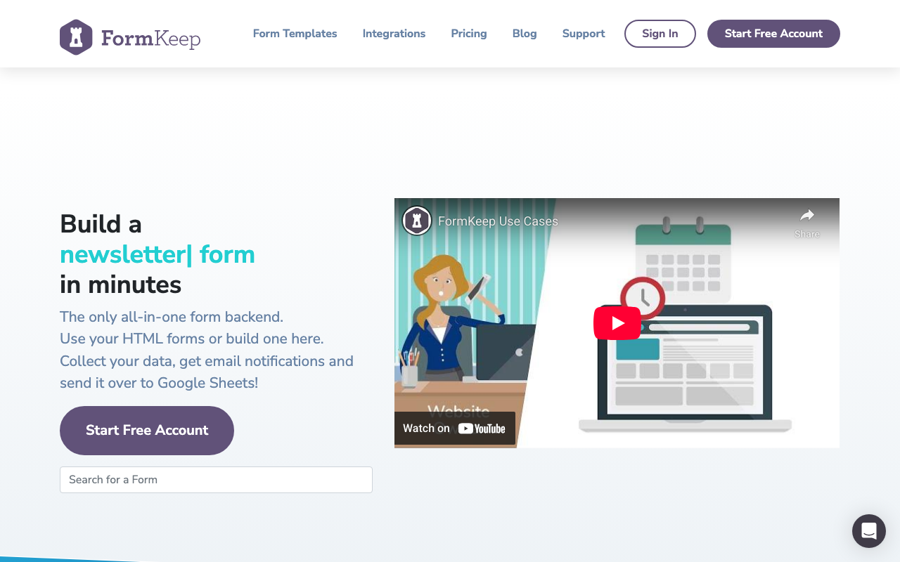 FormKeep homepage showcasing form creation features.