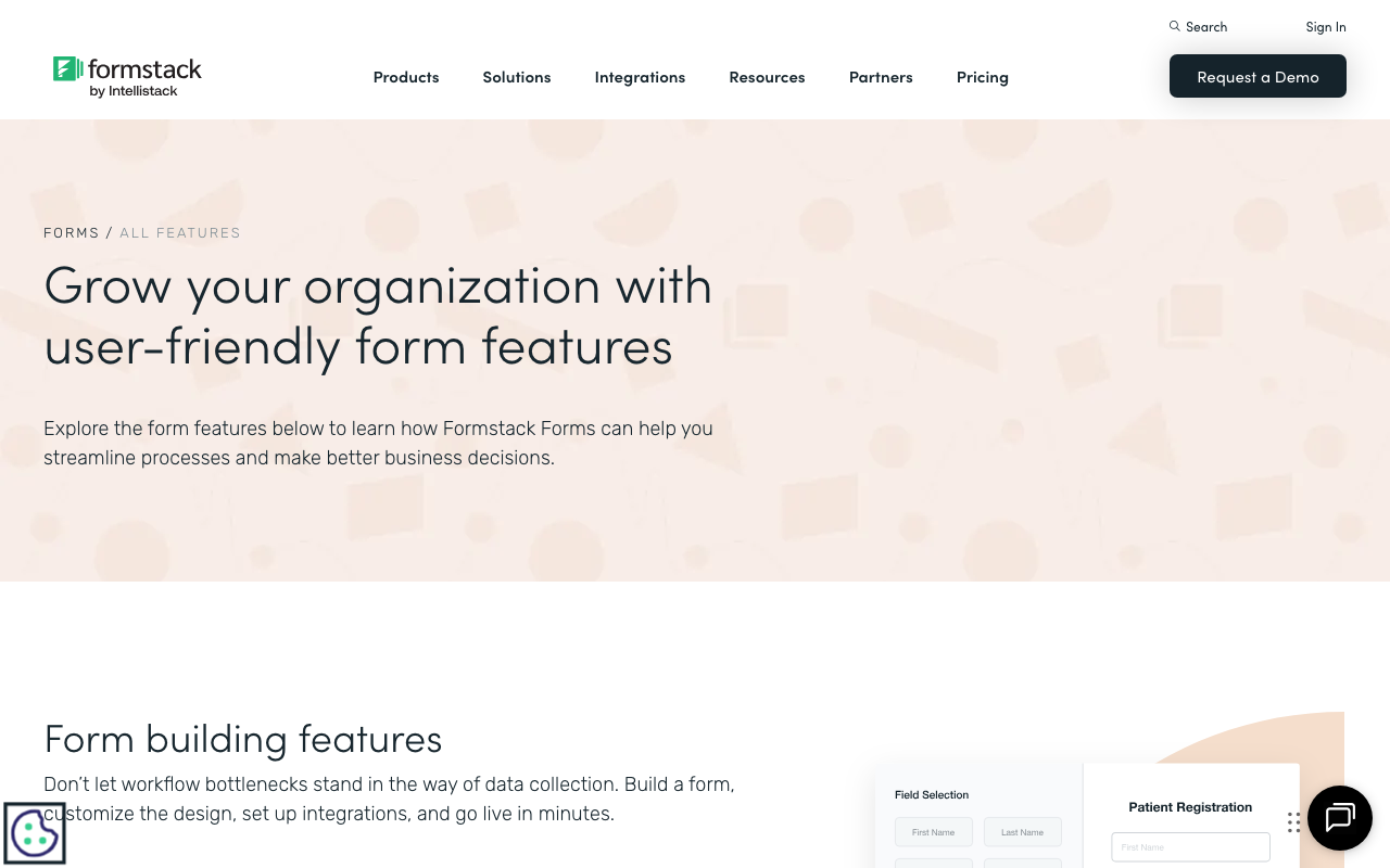 Formstack features overview showing the form building interface.