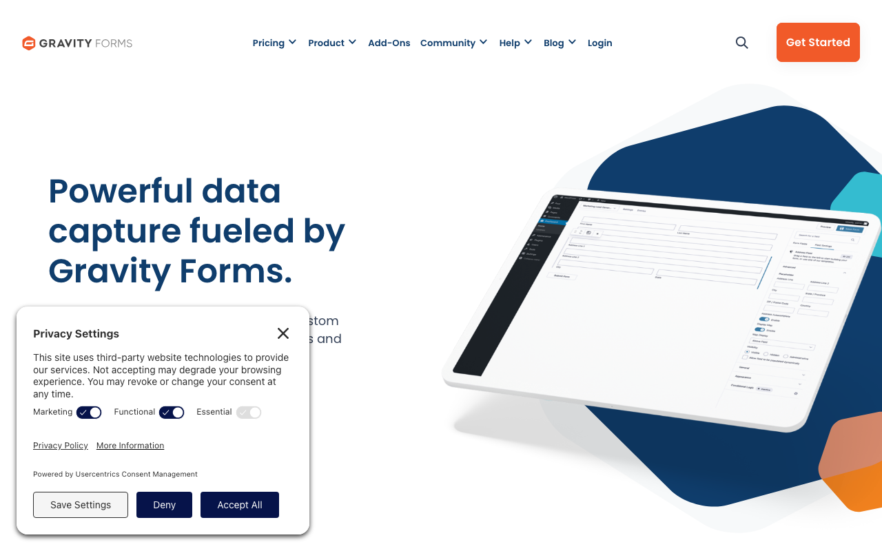Gravity Forms demo form displaying data capture fields and options.