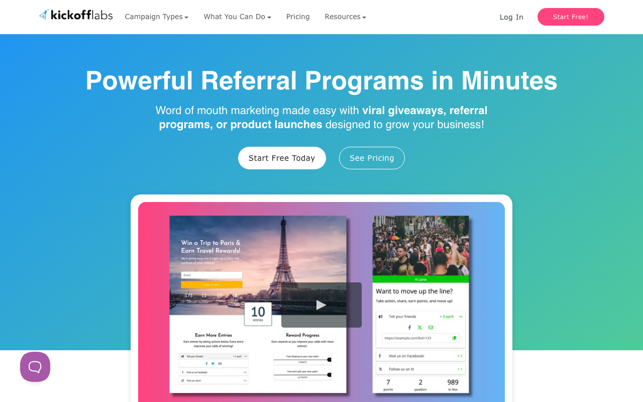 KickoffLabs homepage showcasing powerful referral programs and campaign features.