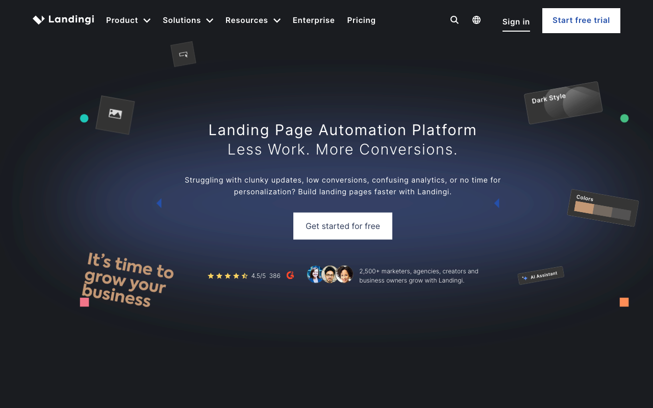 Landingi homepage showcasing the landing page automation platform features.