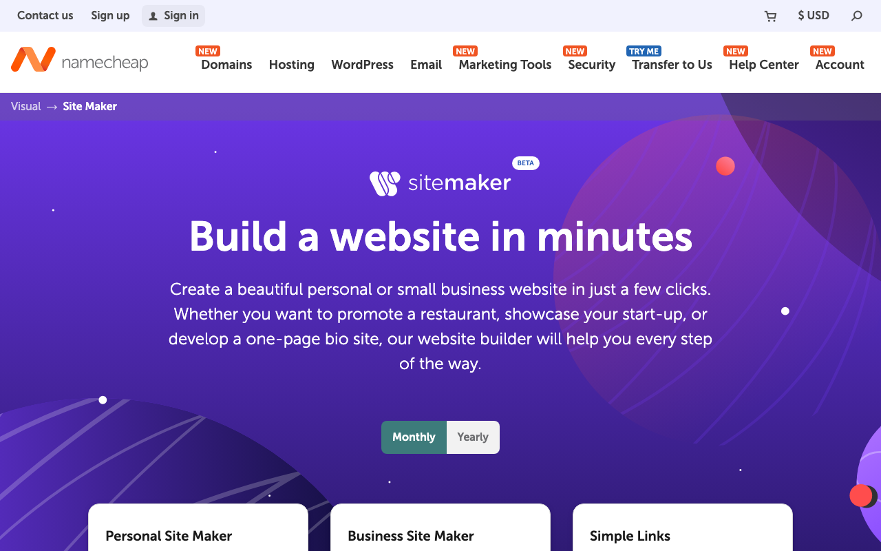Namecheap Site Maker homepage showcasing website building features.