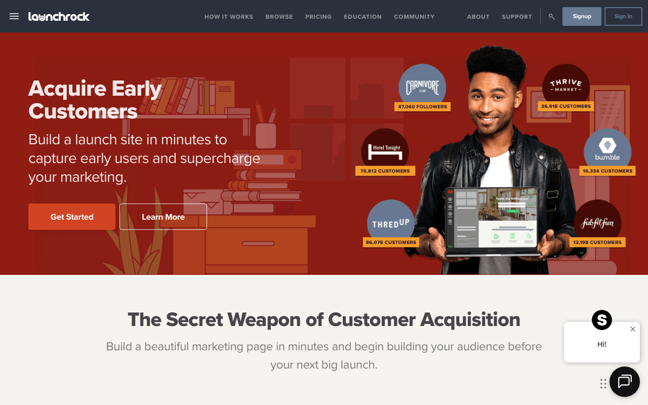 Launchrock homepage showcasing customer acquisition features.