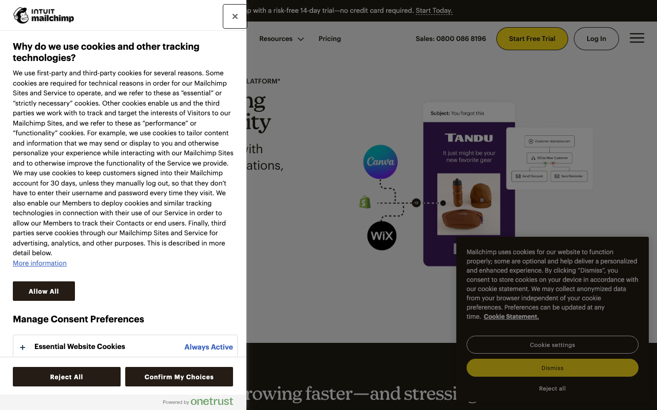 Mailchimp homepage highlighting landing page features.