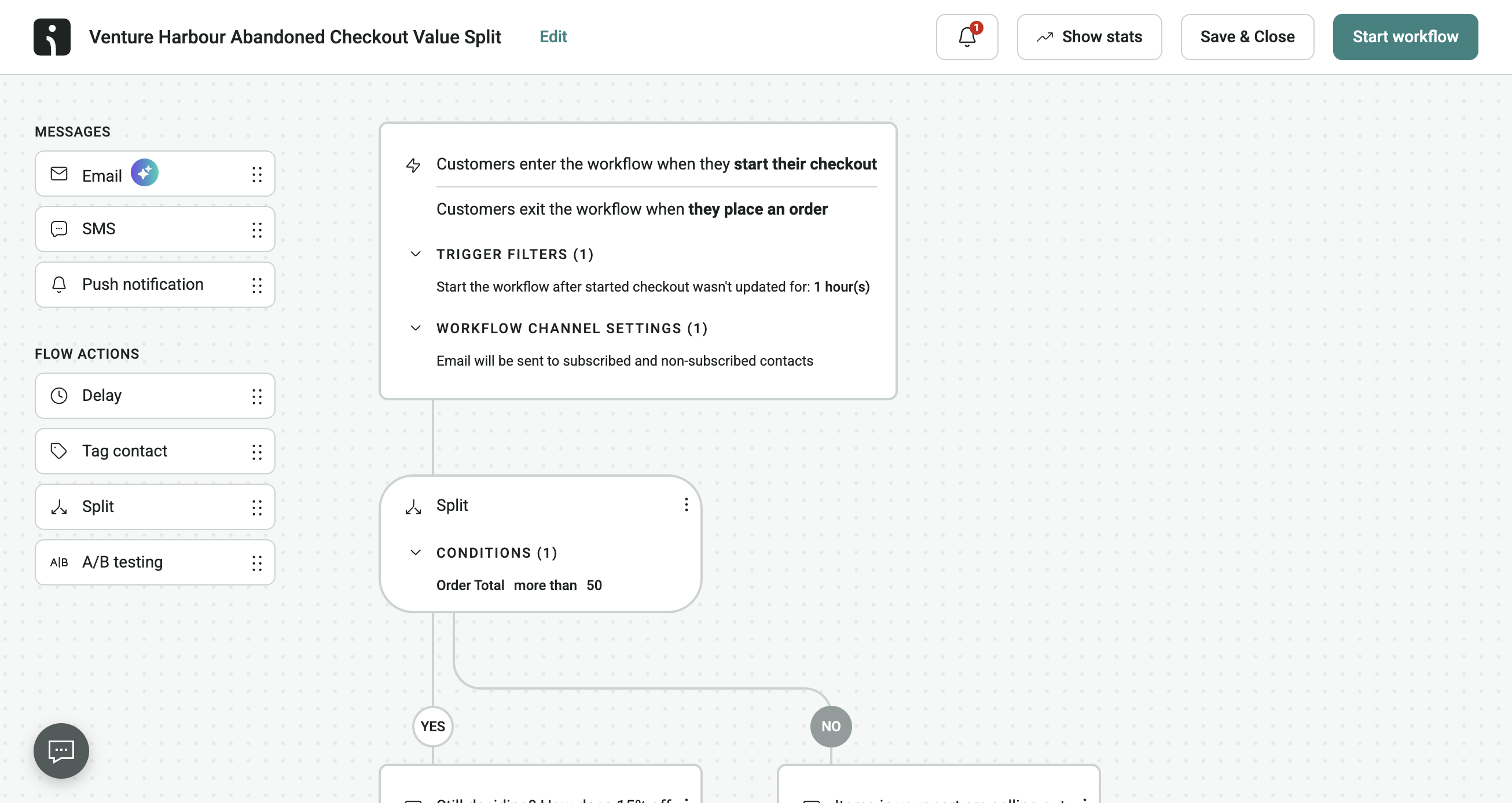 Omnisend's visual automation workflow editor with email, SMS, and push notification steps in a single sequence