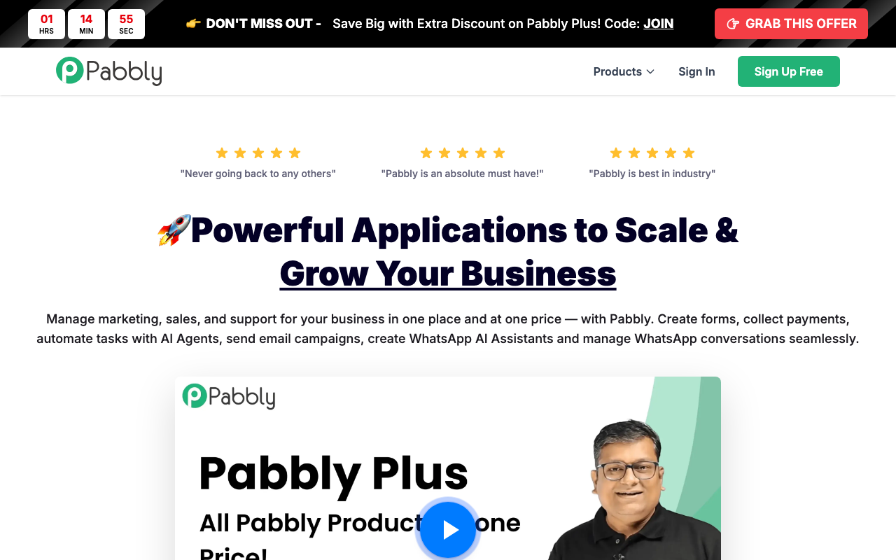 Pabbly homepage highlighting service features and pricing details.