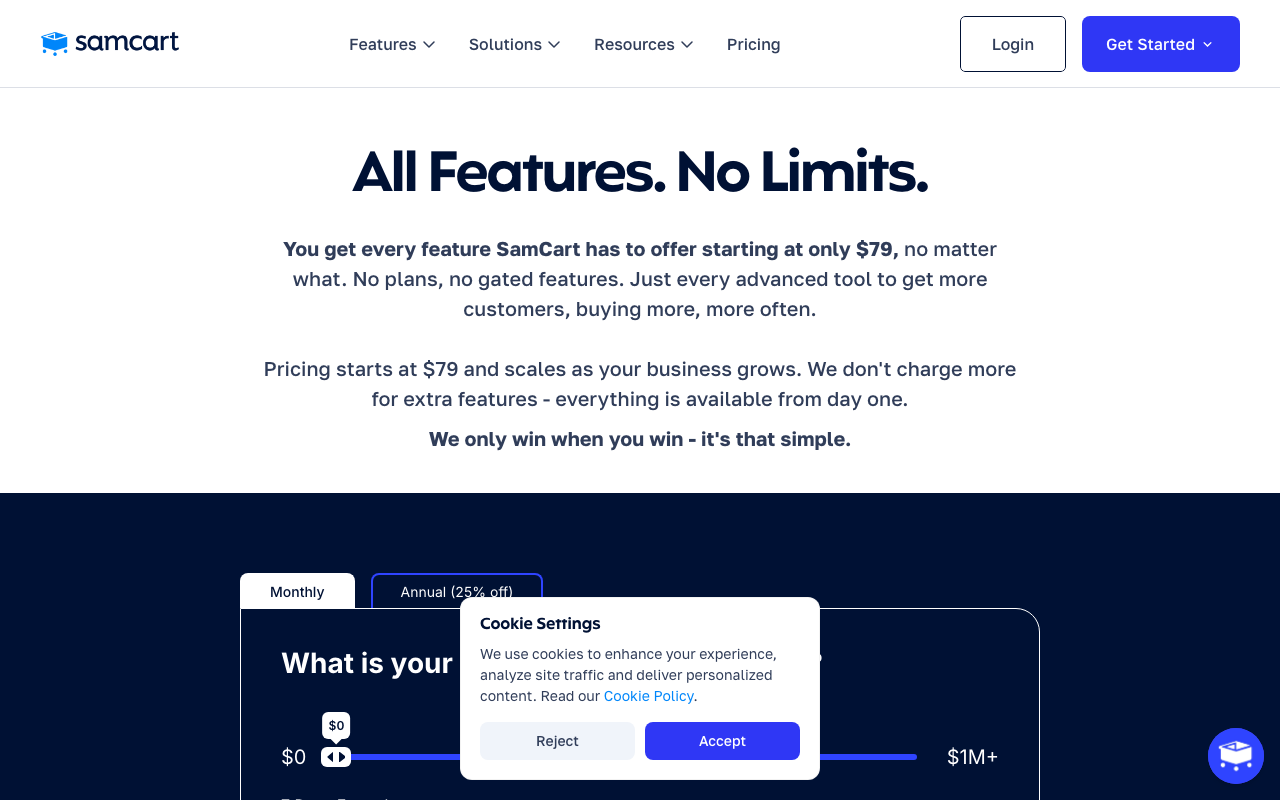 SamCart pricing table showing subscription options starting at $49/month.