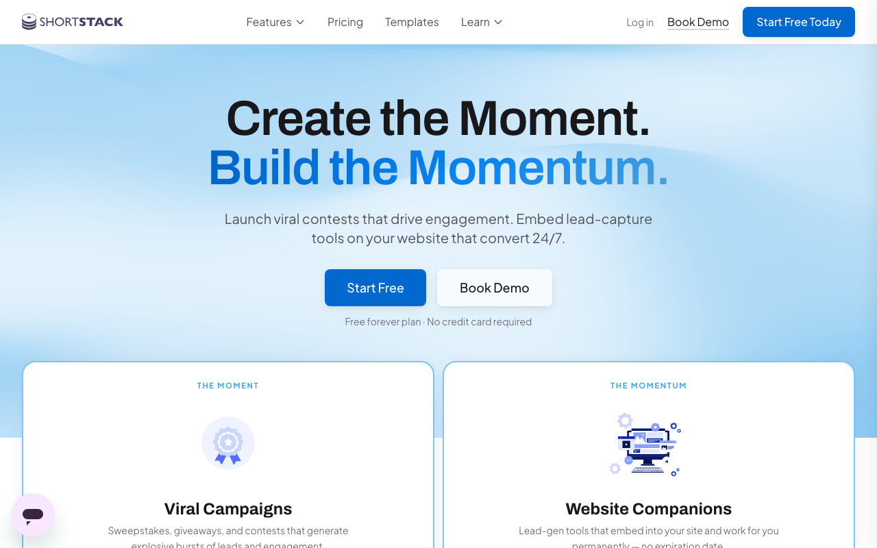 Shortstack homepage promoting lead-capture tools and campaigns.