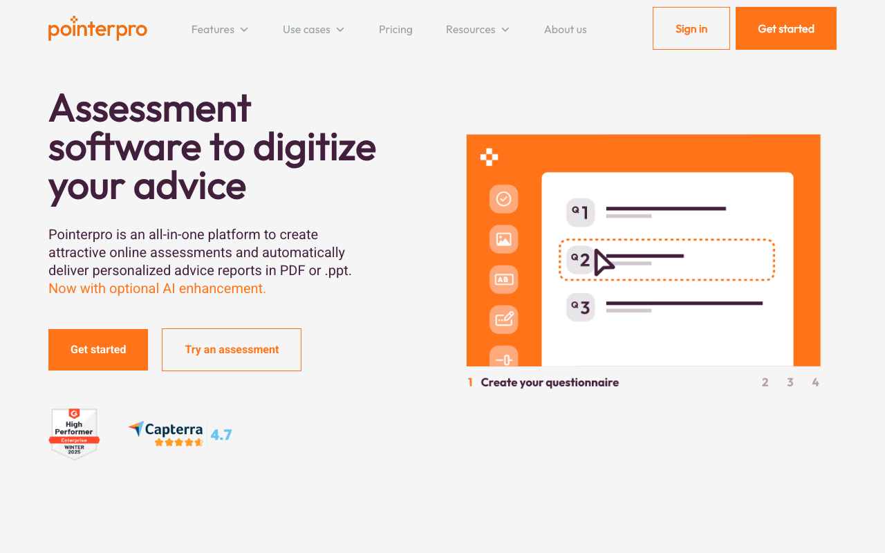 Pointerpro assessment software displaying an interactive questionnaire creation tool.