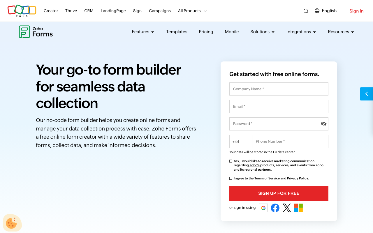 Zoho Forms homepage showcasing form creation features and user registration.