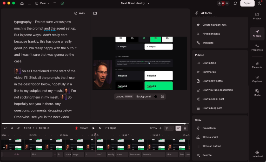 Descript showing video editing interface with audio and text overlays.