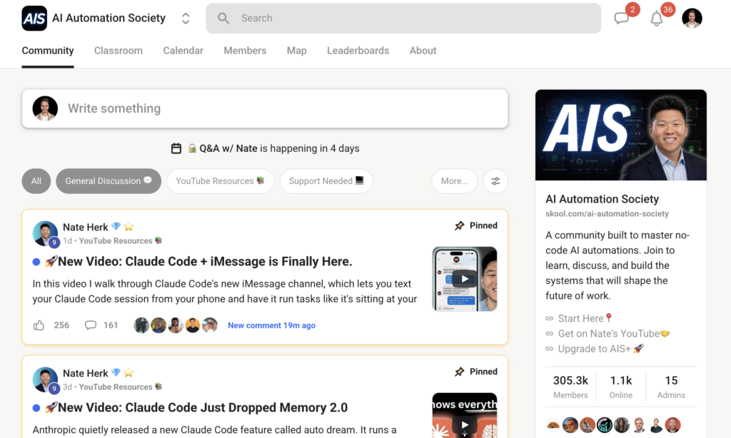 AI Automation Society community interface showing pinned discussions and member engagement features.