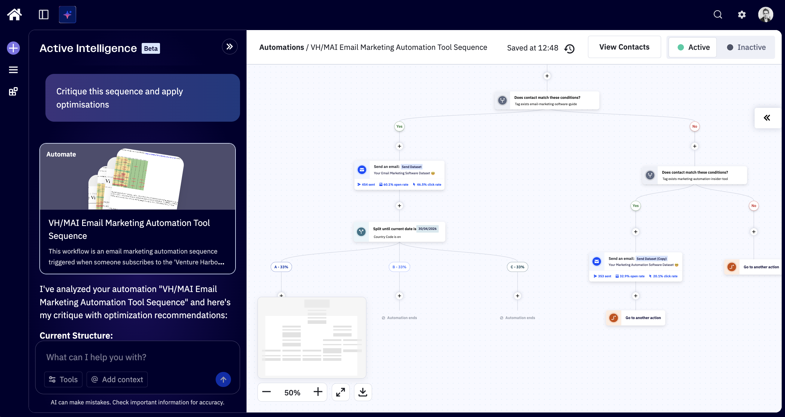 ActiveCampaign Active Intelligence dashboard surfacing AI-driven campaign insights and recommended next actions.