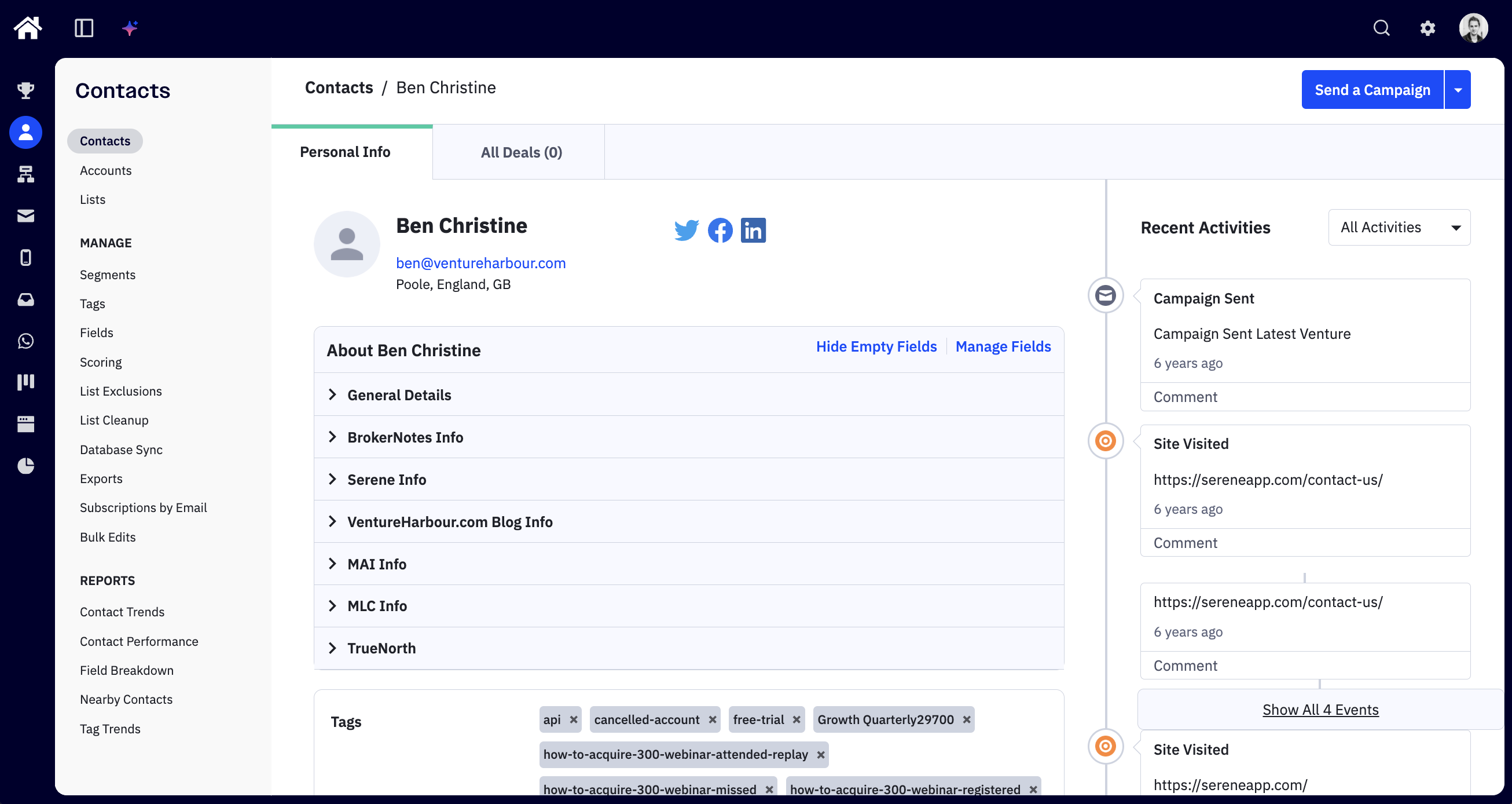 ActiveCampaign contact record showing profile fields, lead score, tags and an activity timeline of email and automation interactions.