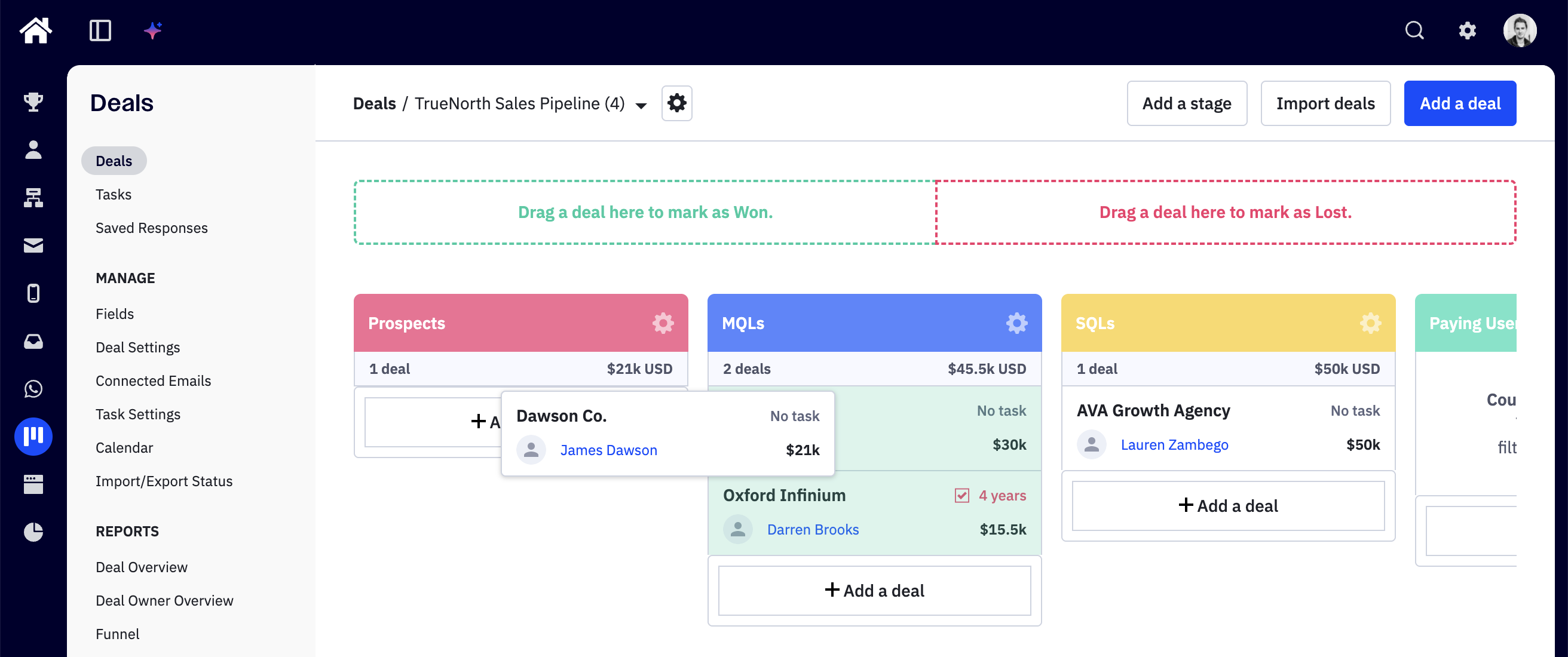 ActiveCampaign CRM deal pipeline with deals organised across stages, each card showing the company, value and owner.