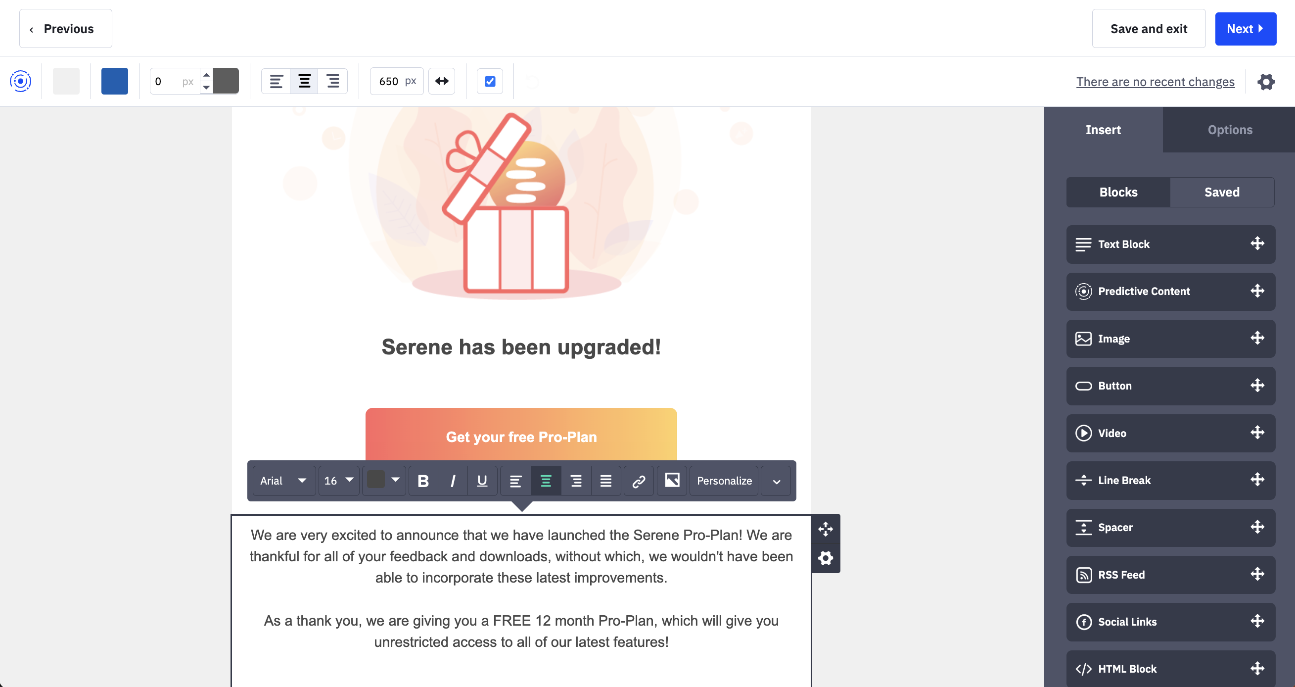 ActiveCampaign drag-and-drop email campaign builder with the Active Intelligence conversation panel for prompting AI to draft the email.