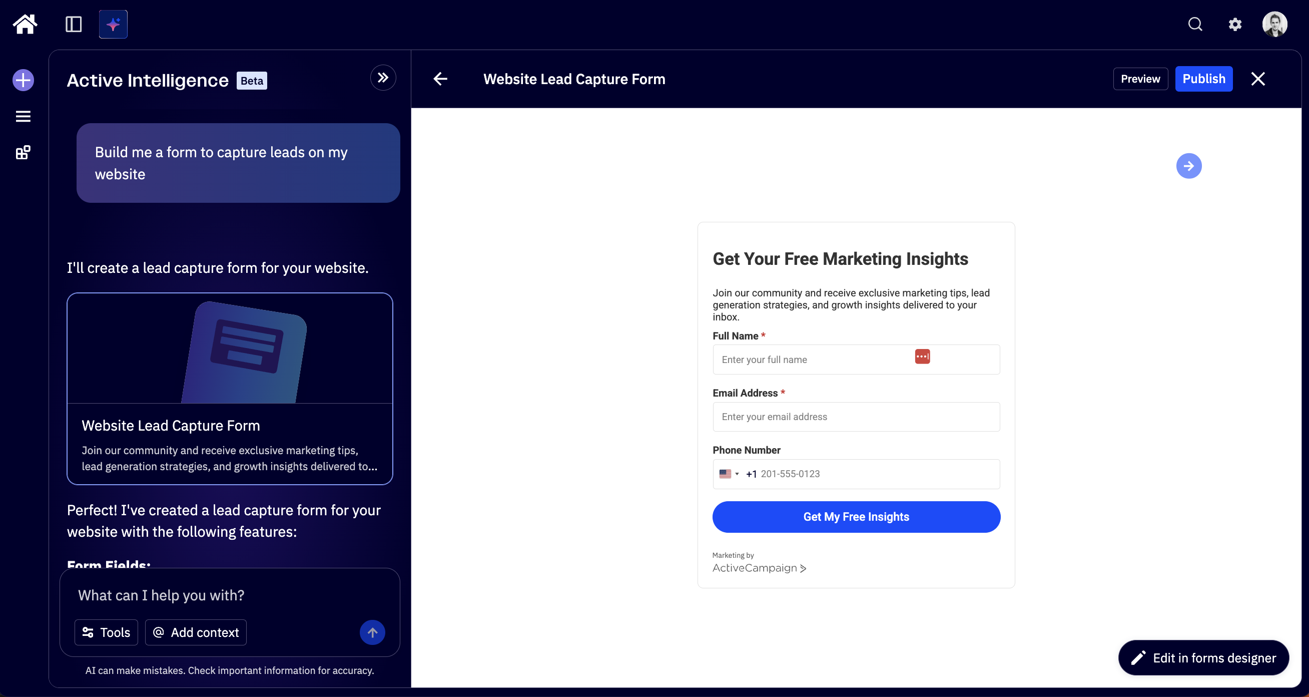 ActiveCampaign form builder showing the four form types — inline, floating bar, modal and floating box — with a live website preview behind the design.