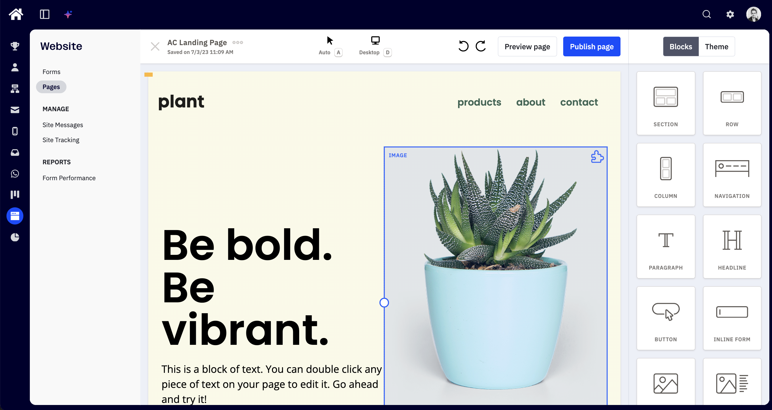 ActiveCampaign landing page editor with the visual canvas on the left and a content-block panel on the right.