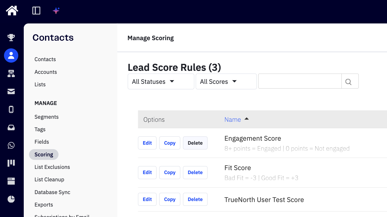 ActiveCampaign lead scoring interface showing scoring rules — points awarded for actions like webinar registrations, key page visits and email engagement.