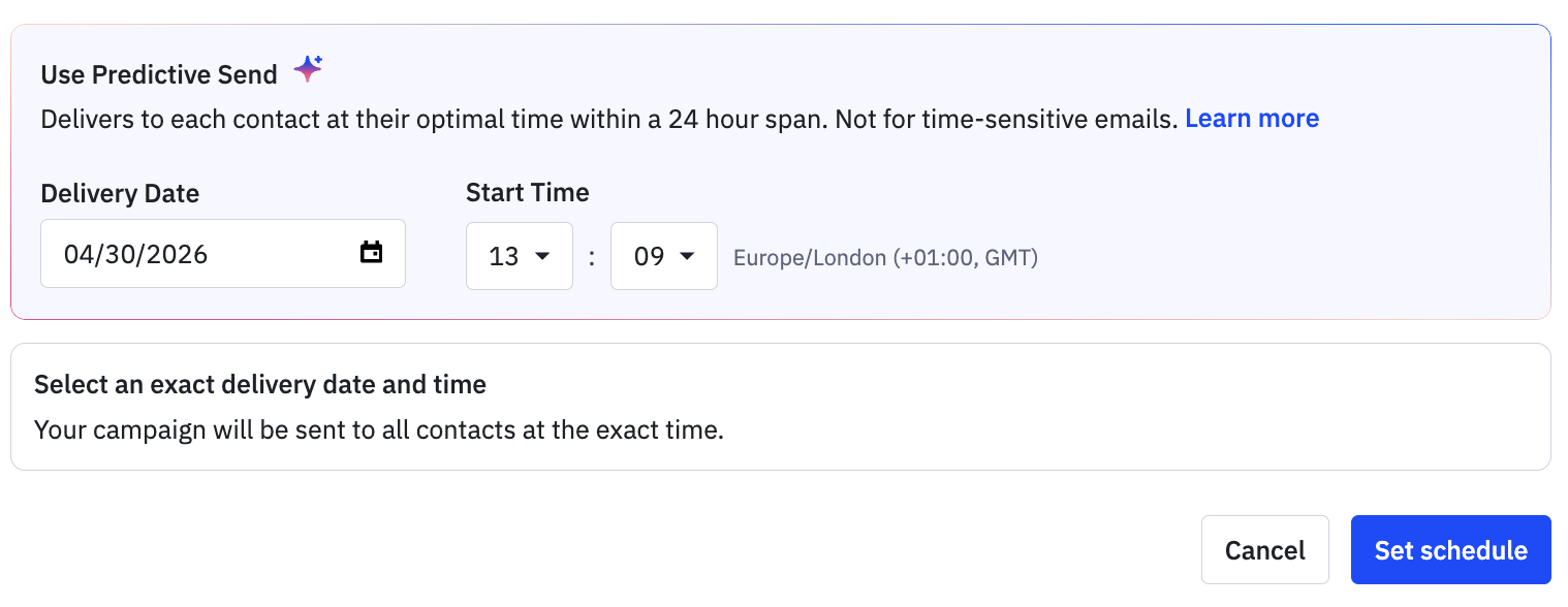 ActiveCampaign predictive sending interface showing per-contact optimal send time predictions