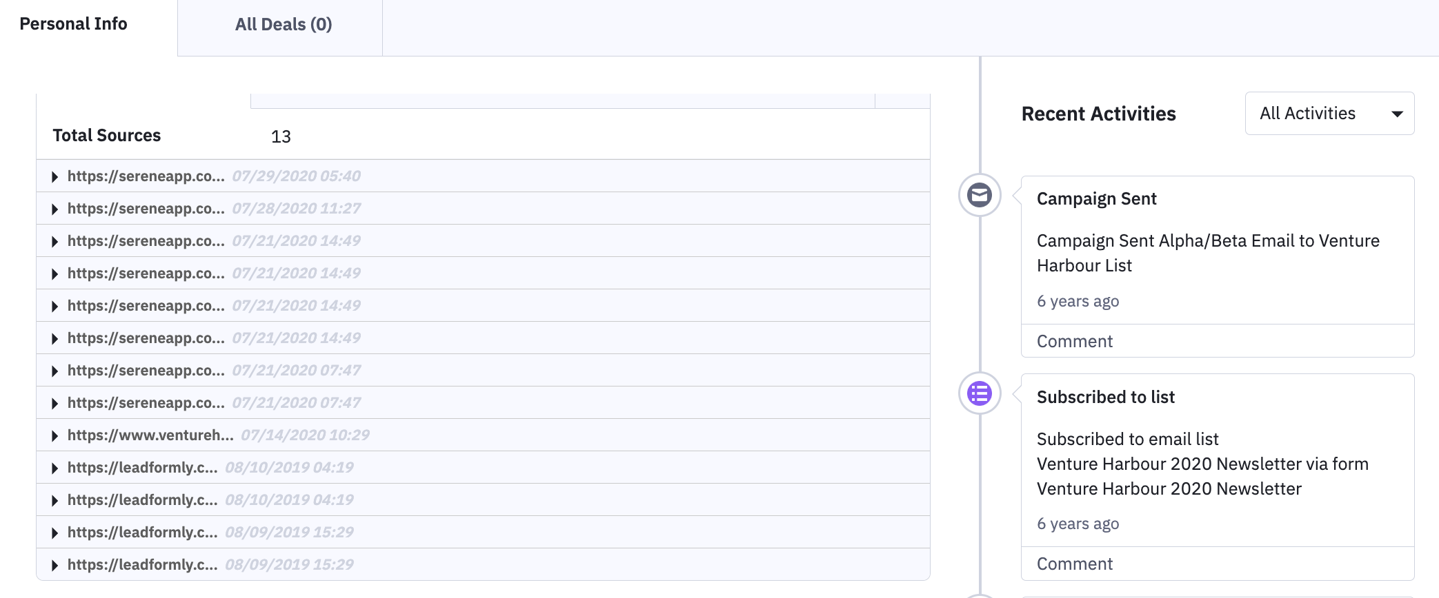 ActiveCampaign site tracking activity stream listing the pages a contact has visited on your website, with timestamps.