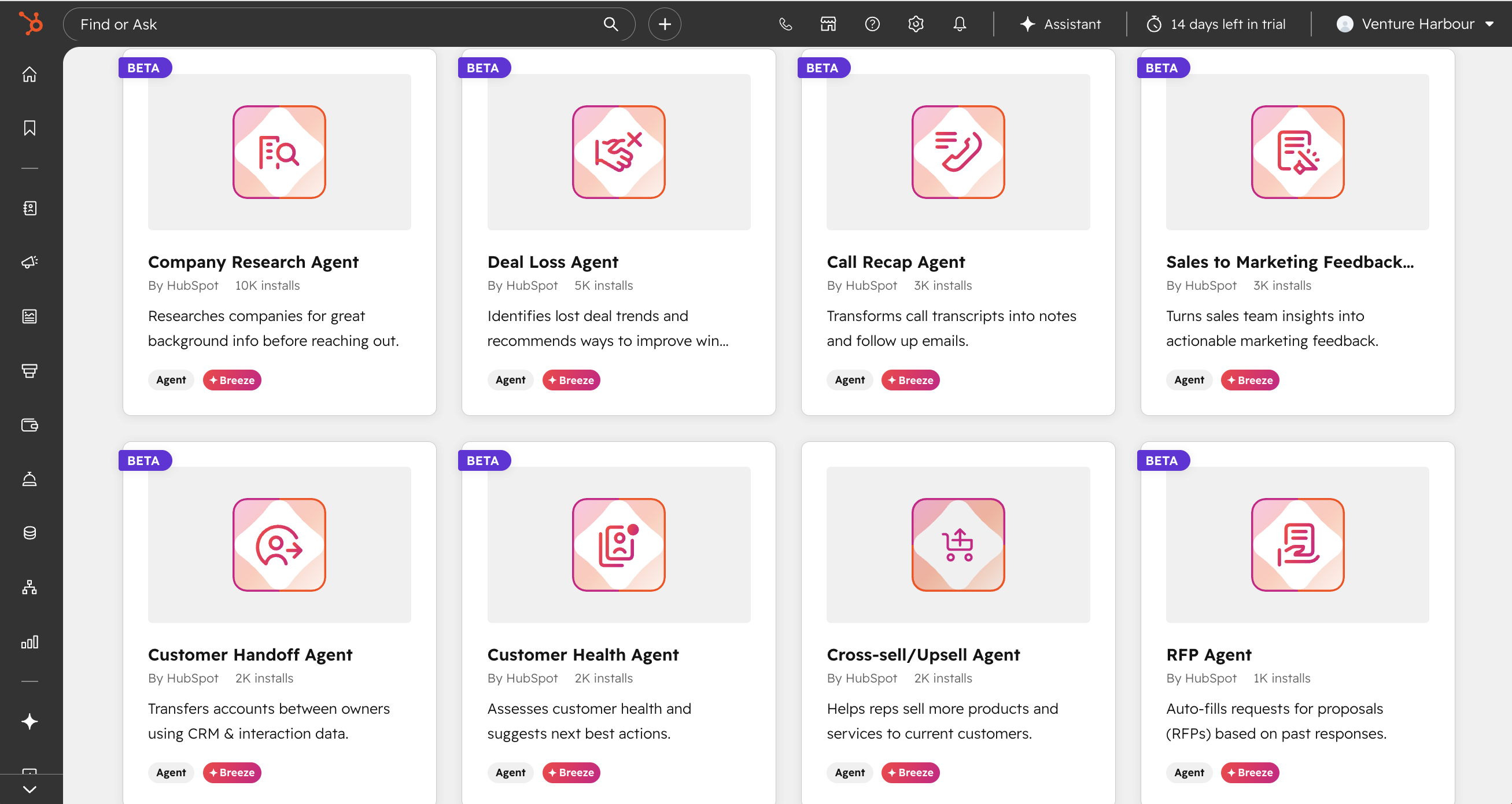 HubSpot Breeze AI action library — Customer Agent, Data Agent, Prospecting Agent and Smart Property actions inside the workflow editor