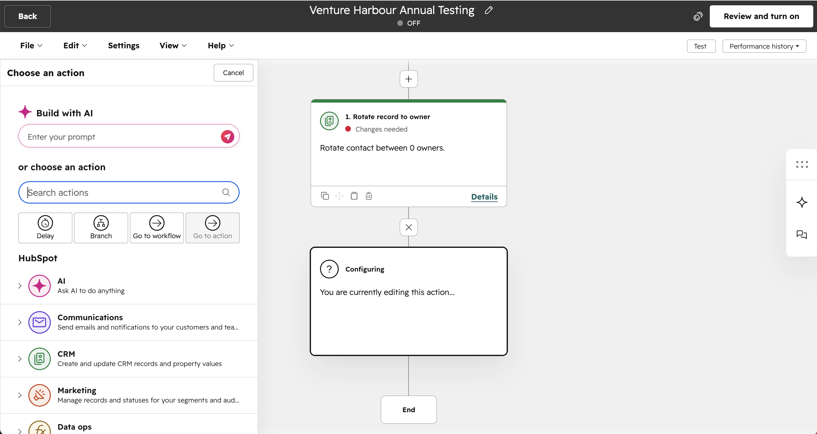 HubSpot workflow builder showing a Rotate-record-to-owner action with AI-agent branch options