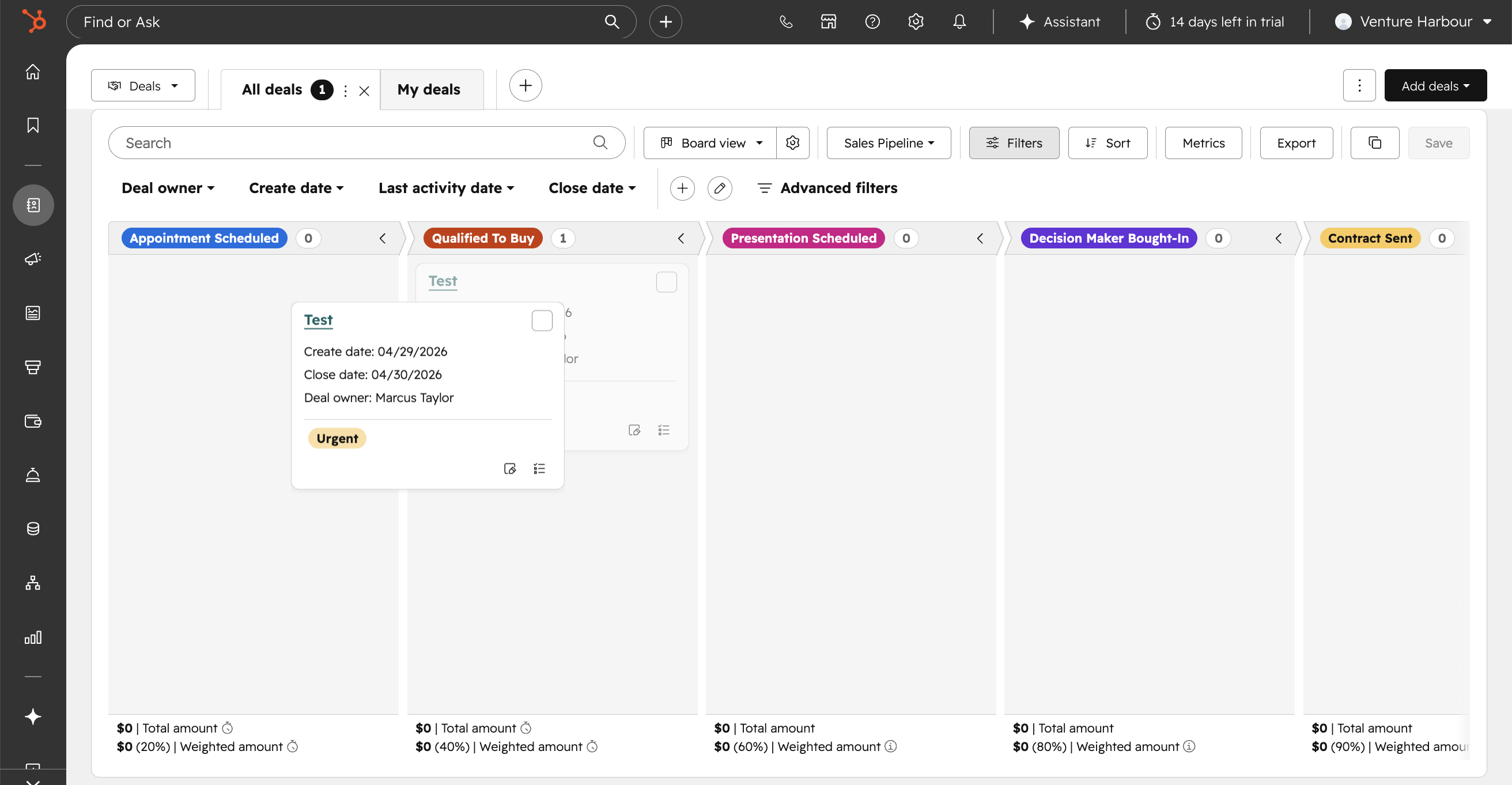 HubSpot Smart CRM showing contact record with activity timeline, deal pipeline and Breeze-powered enrichment