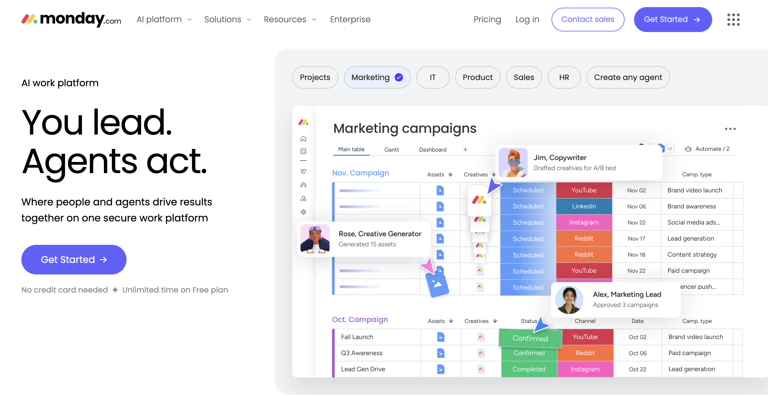monday.com's marketing campaigns board, with work organised across channels and statuses, under the tagline "You lead. Agents act."