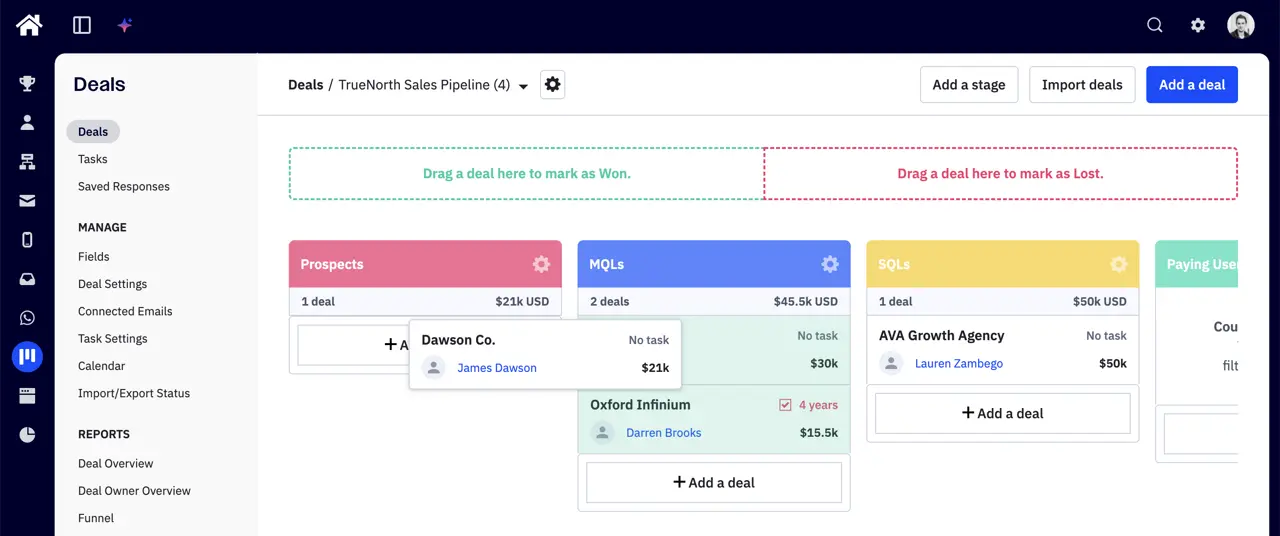 ActiveCampaign's deals pipeline showing prospects, MQLs and SQLs arranged across CRM stages.