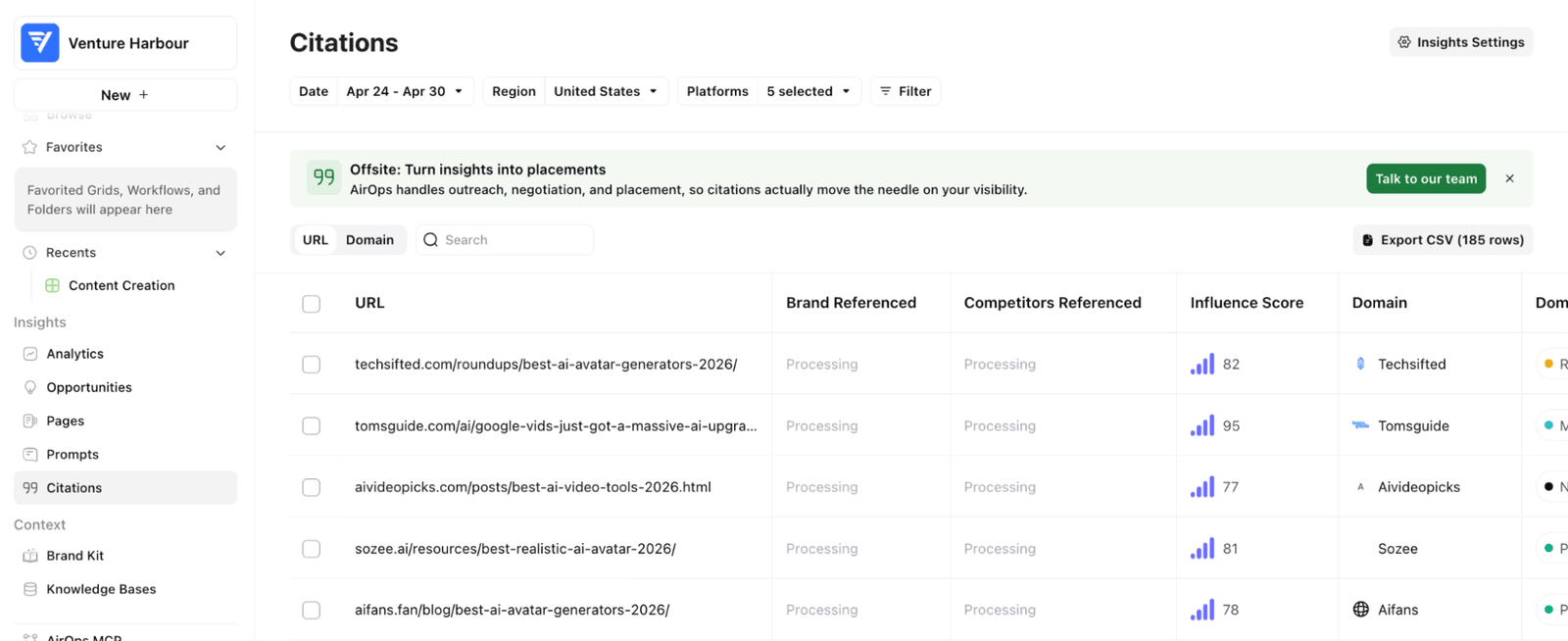 AirOps' citations view, scoring 185 cited URLs by influence, with a banner offering to handle the outreach for you.
