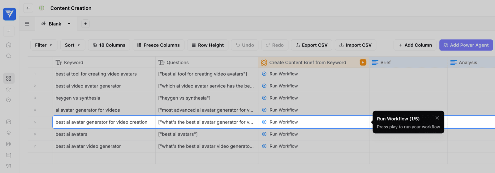 AirOps' content grid, one row per keyword, each with a workflow ready to run.