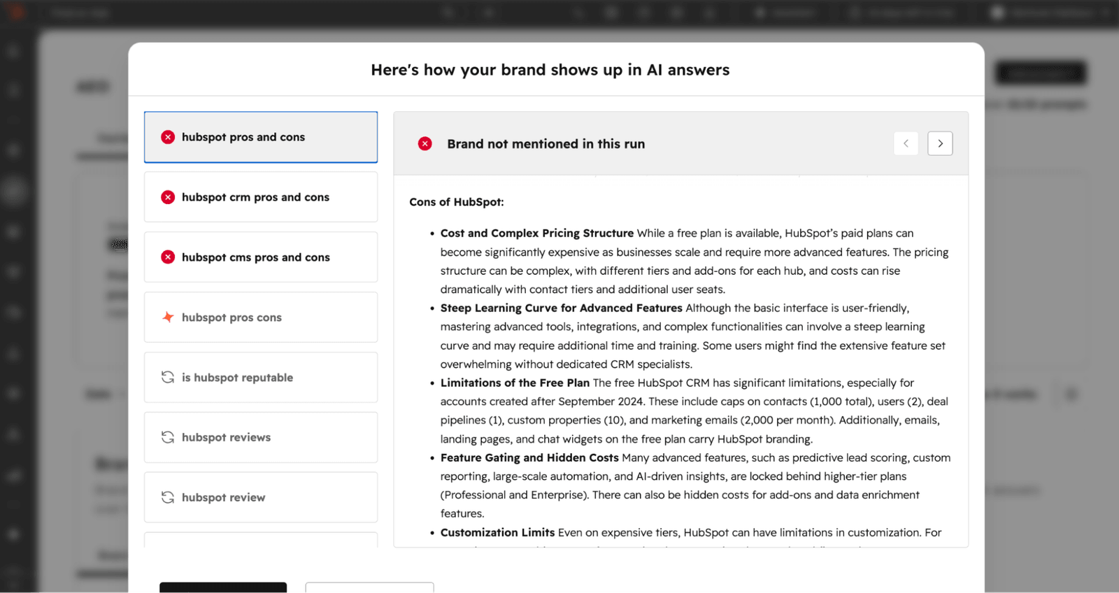 HubSpot's AEO tool answering "hubspot pros and cons" with a list of HubSpot's own drawbacks, and flagging that the brand went unmentioned in that run.