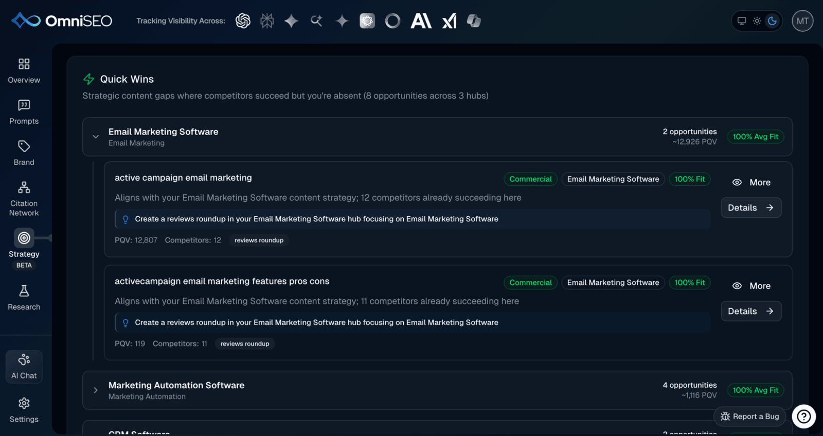 OmniSEO's quick wins, listing content gaps by hub with prompt query volume and how many competitors already rank.