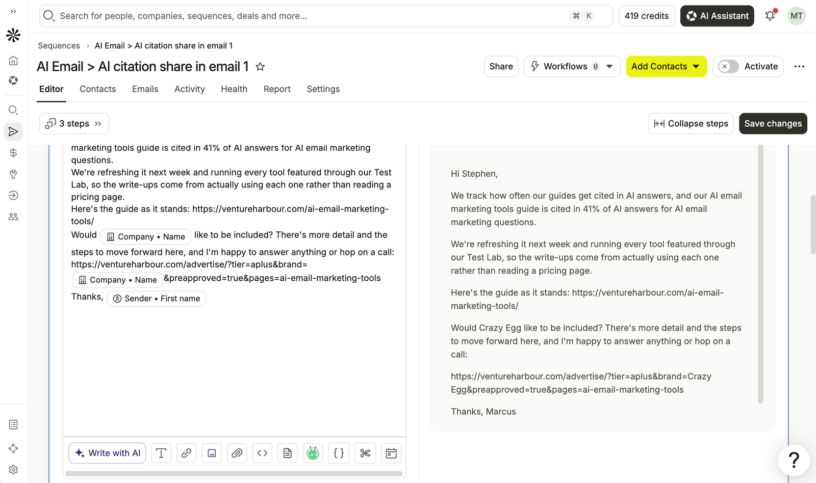 Apollo's sequence editor previewing a personalised outreach email with company and sender fields.