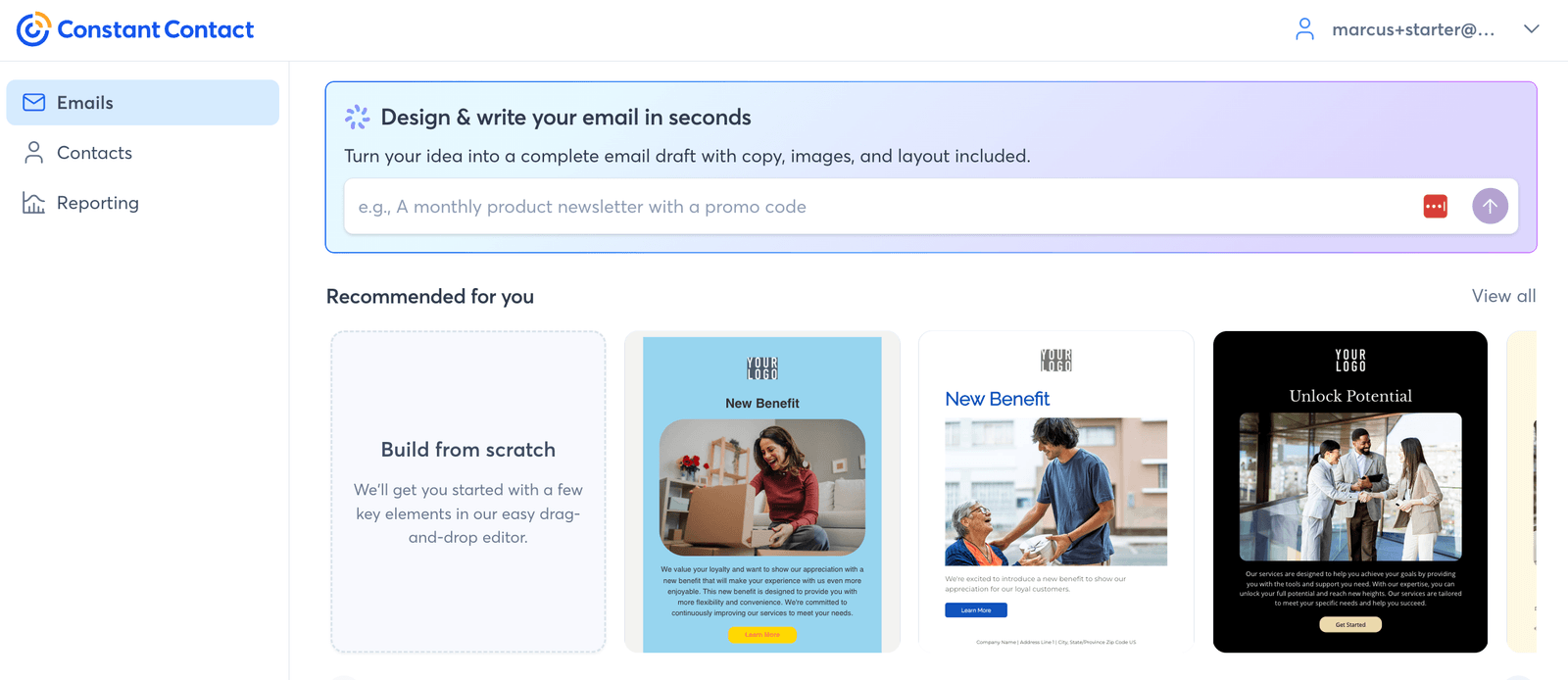 Constant Contact's AI email creator inviting a prompt above a carousel of recommended email designs.